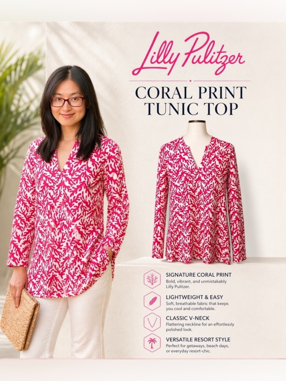 485 Lilly Pulitzer |NWOT Cotton Pink Coral Print Long Sleeve V-Neck Top (Size S)
